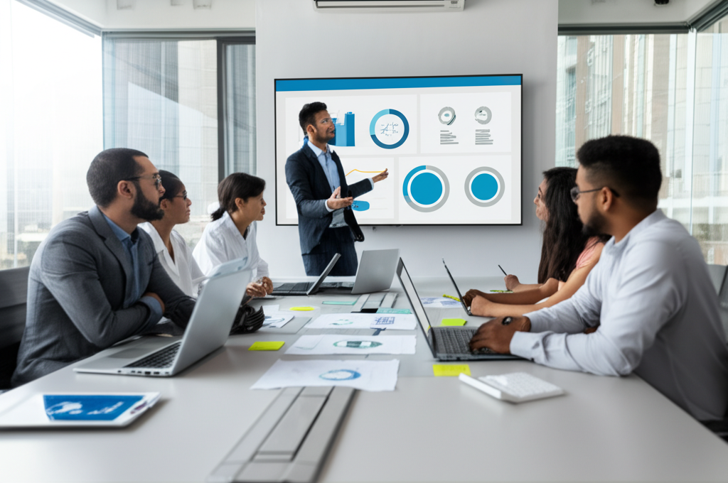 Professional team collaborating in a modern office environment